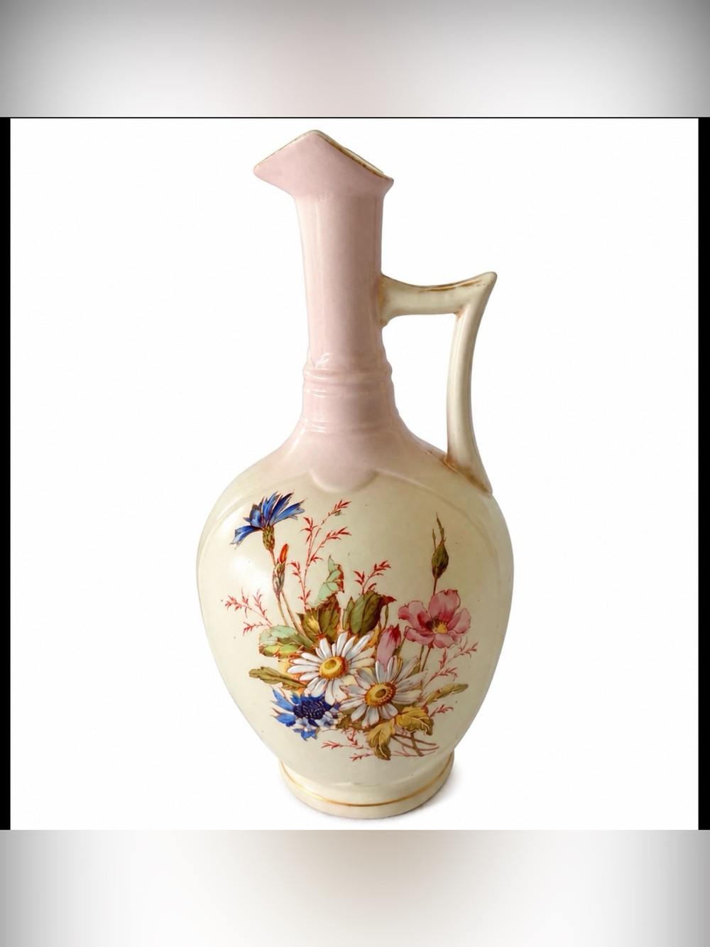 Antique Hand Painted Floral Porcelain Ewer Vase With Handle Unique Shape Marked